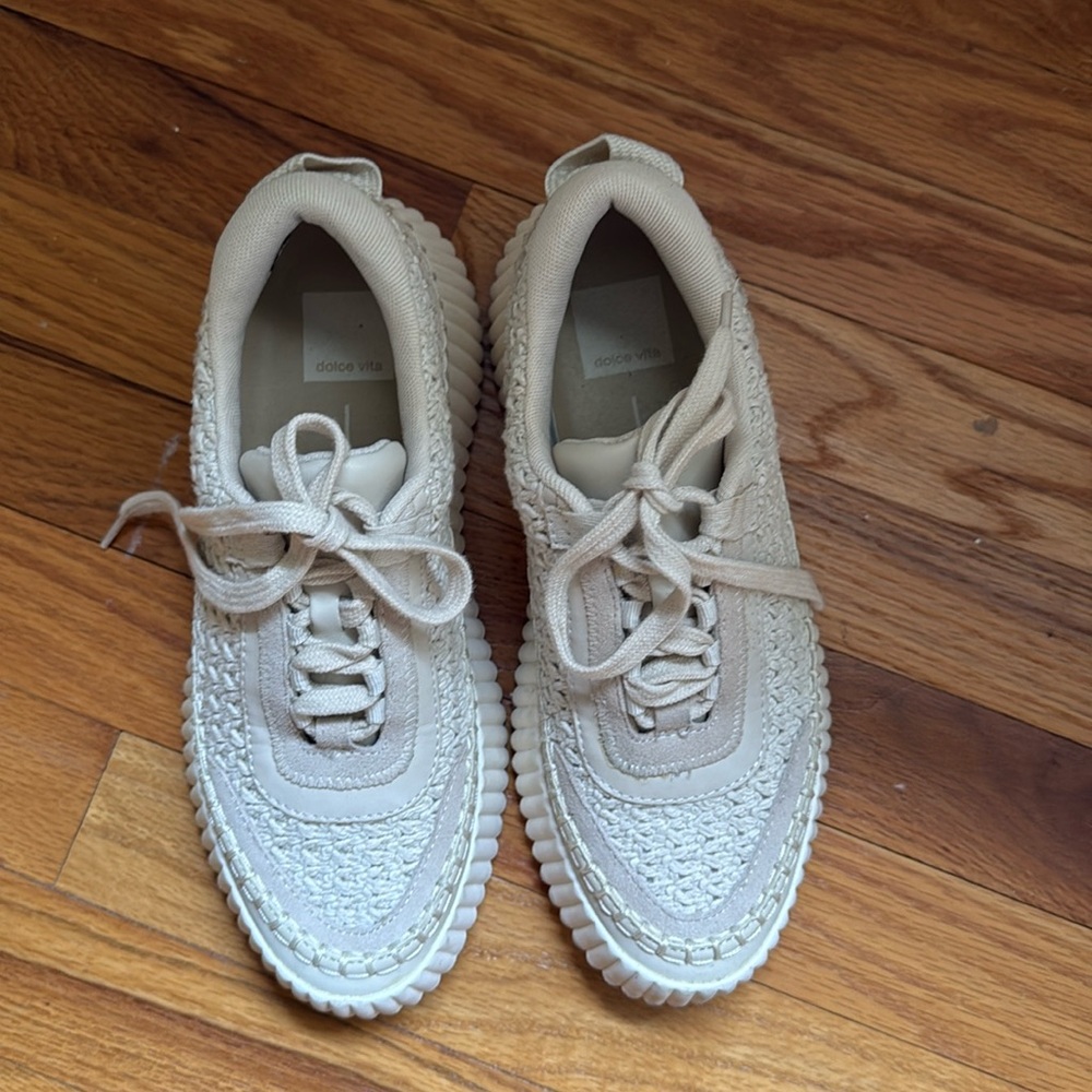 Dolce Vita sandstone knit sneaker.